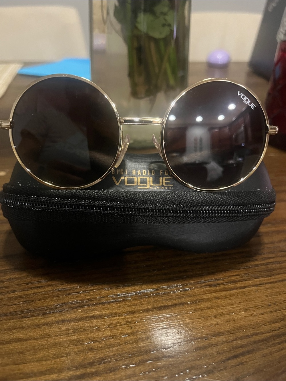 Vogue Gold Round Sunglasses with Dark Brown Lenses